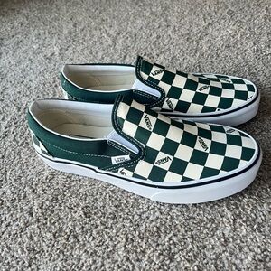 Vans Forest Green and Cream Checkered Slip-Ons (NEW)
